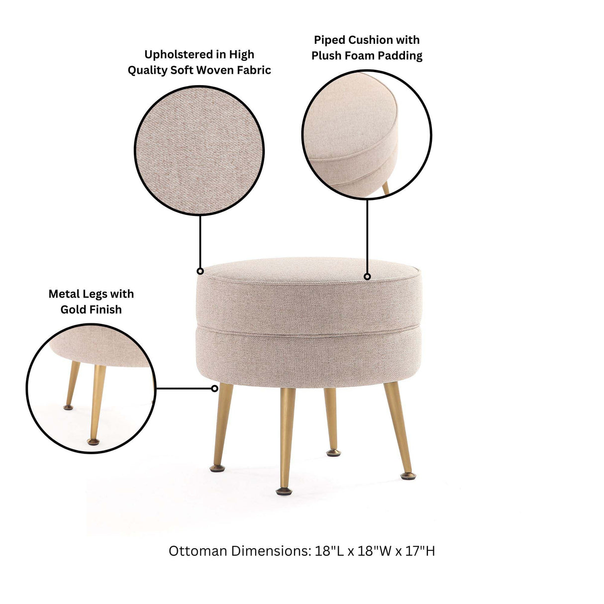 Bailey Ottoman in Oatmeal with Gold Feet by Manhattan Comfort at Eve Furniture