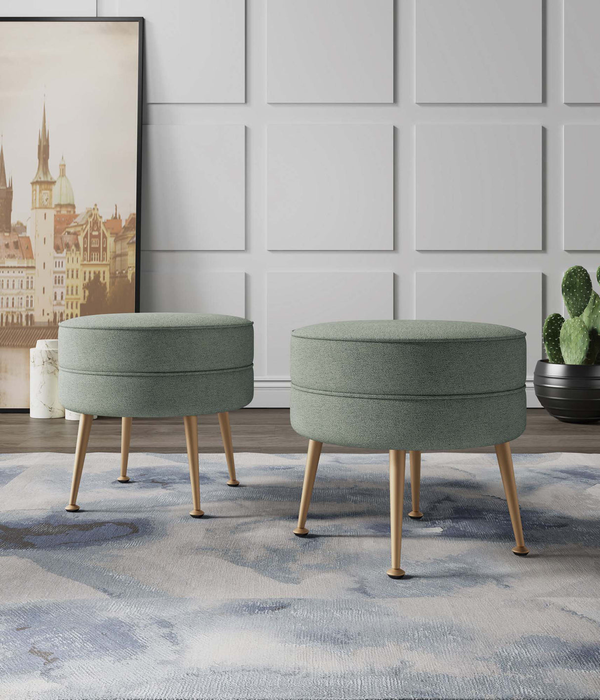 Bailey Ottoman in Sage Green with Gold Feet (set of 2) by Manhattan Comfort at Eve Furniture