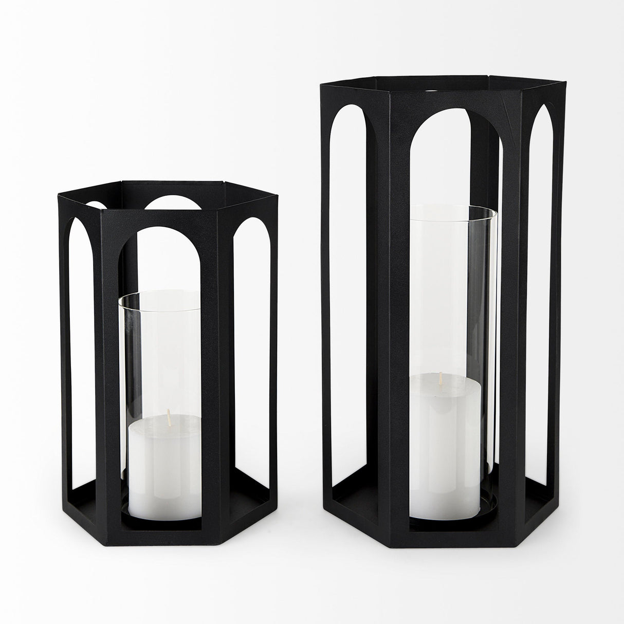 Balley Set of Two Matte Black Metal Hexagonal Candle Holder Lanterns by Mercana at Eve Furniture