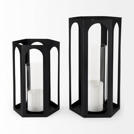 Balley Set of Two Matte Black Metal Hexagonal Candle Holder Lanterns by Mercana at Eve Furniture