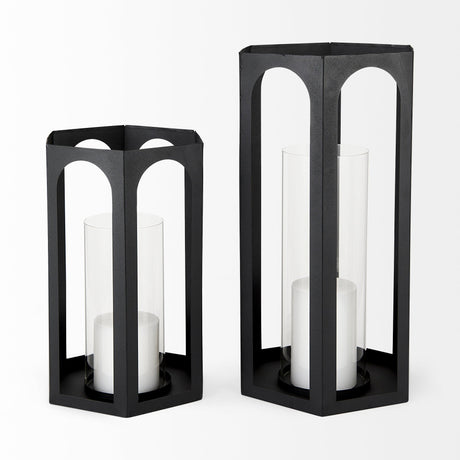 Balley Set of Two Matte Black Metal Hexagonal Candle Holder Lanterns by Mercana at Eve Furniture