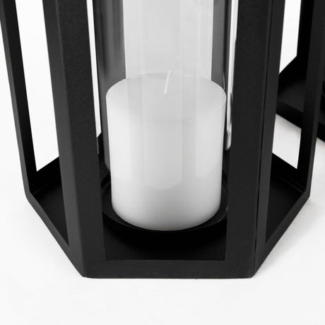 Balley Set of Two Matte Black Metal Hexagonal Candle Holder Lanterns by Mercana at Eve Furniture