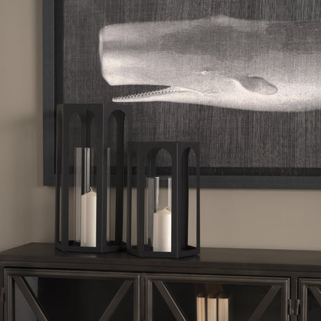 Balley Set of Two Matte Black Metal Hexagonal Candle Holder Lanterns by Mercana at Eve Furniture