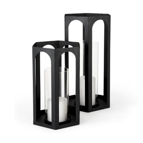 Balley Set of Two Matte Black Metal Hexagonal Candle Holder Lanterns by Mercana at Eve Furniture