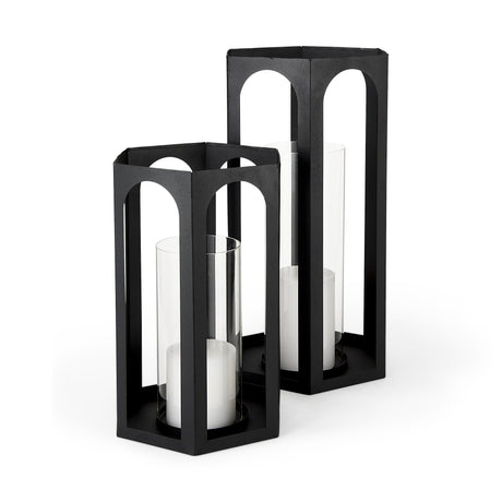 Balley Set of Two Matte Black Metal Hexagonal Candle Holder Lanterns by Mercana at Eve Furniture