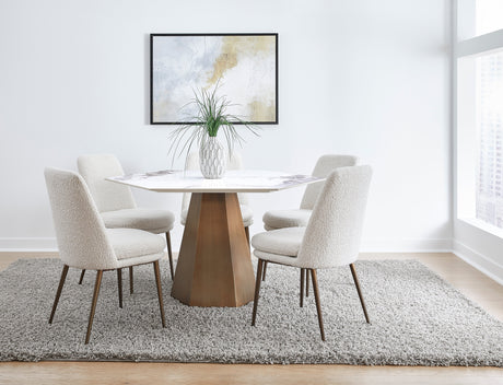 Balos Stone Top Hexagonal Dining Table in Chanelle and Bronze by Modus Furniture at Eve Furniture