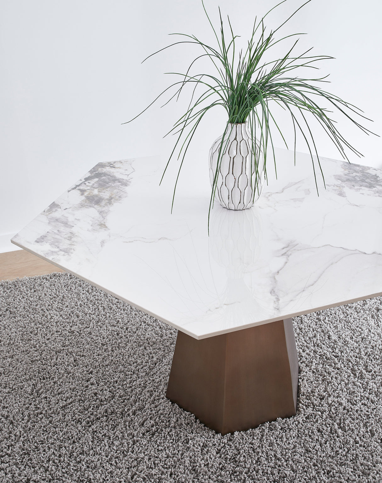 Balos Stone Top Hexagonal Dining Table in Chanelle and Bronze
