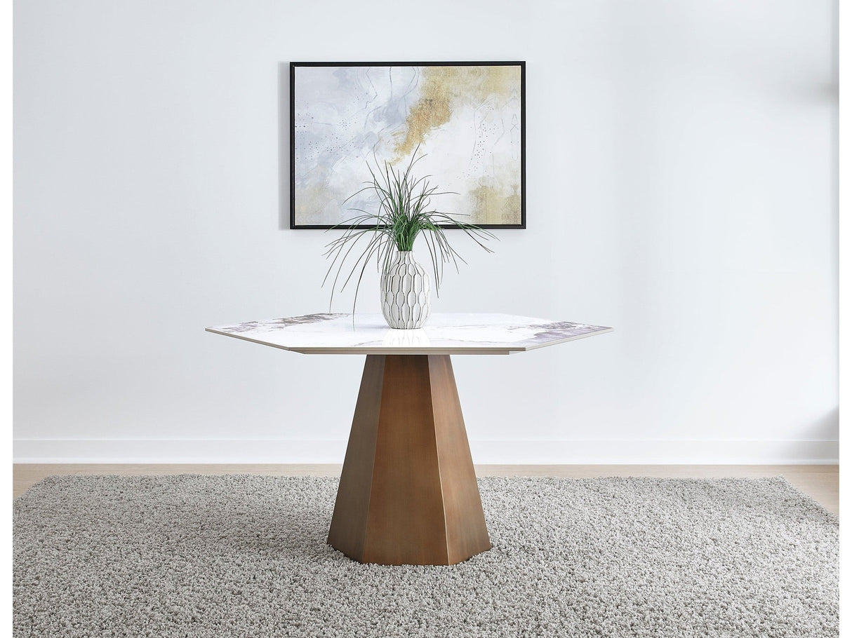 Balos Stone Top Hexagonal Dining Table in Chanelle and Bronze