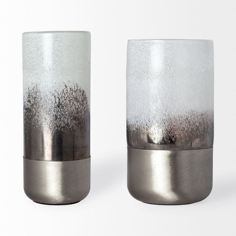 Baltic II Large White Brushed Silver Metal Bottom Glass Vase by Mercana at Eve Furniture