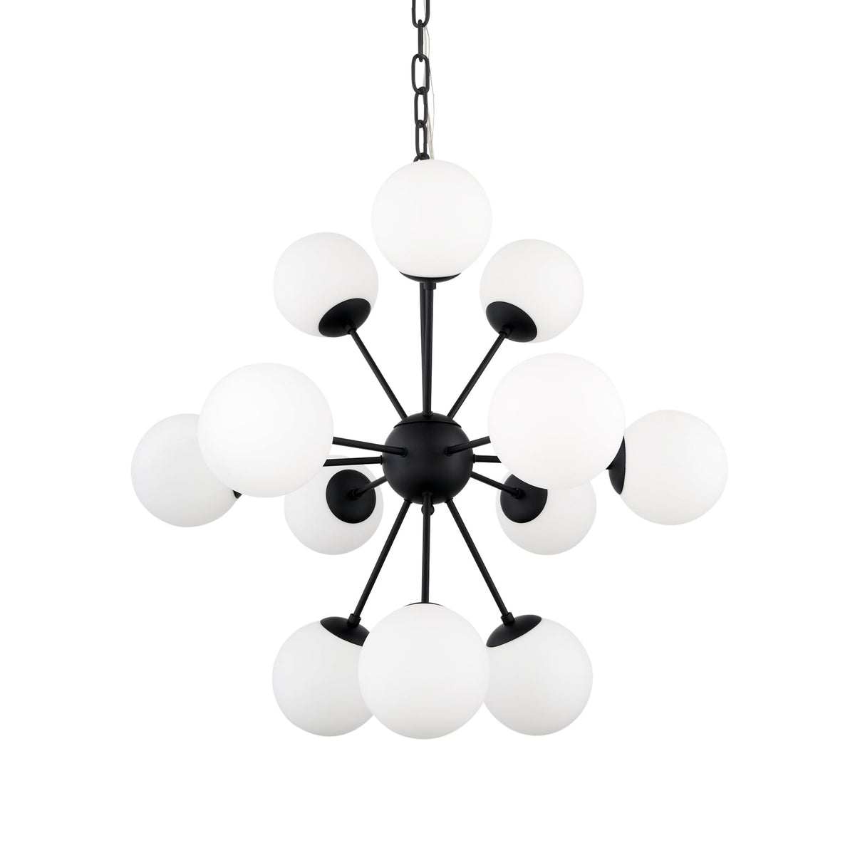 Barbara Matte Black Metal w/ Frosted Glass Globes 11-Light Chandelier by Mercana at Eve Furniture