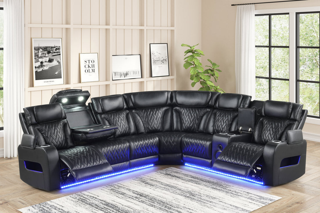 Barcelona Black Power Reclining Sectional (Power Headrests) by Happy Homes at Eve Furniture