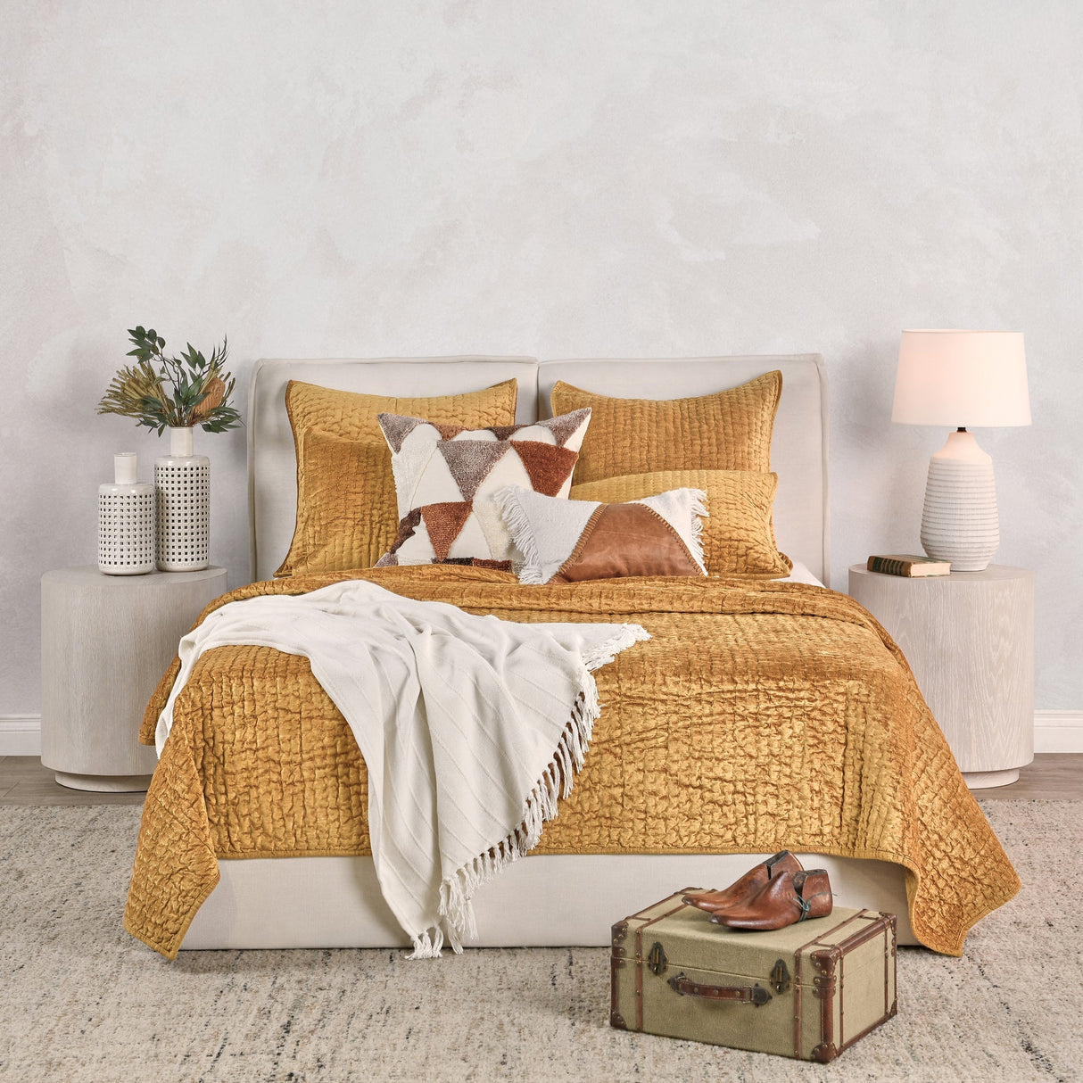Bari Honey Gold Velvet Quilt Collection by Classic Home at Eve Furniture