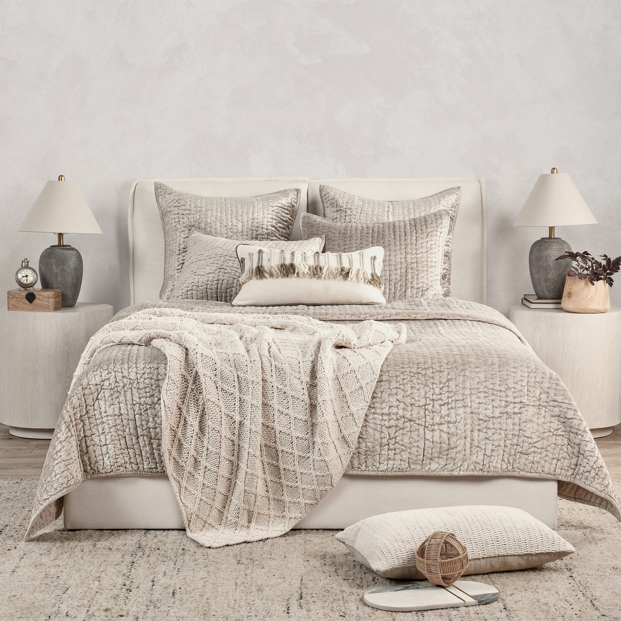 Bari Pebble Velvet Quilt Collection by Classic Home at Eve Furniture