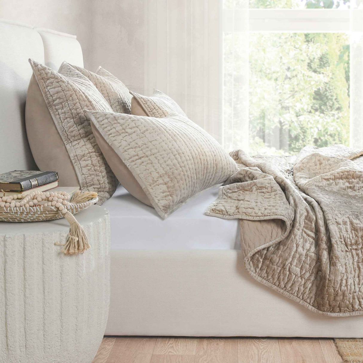 Bari Pebble Velvet Quilt Collection by Classic Home at Eve Furniture