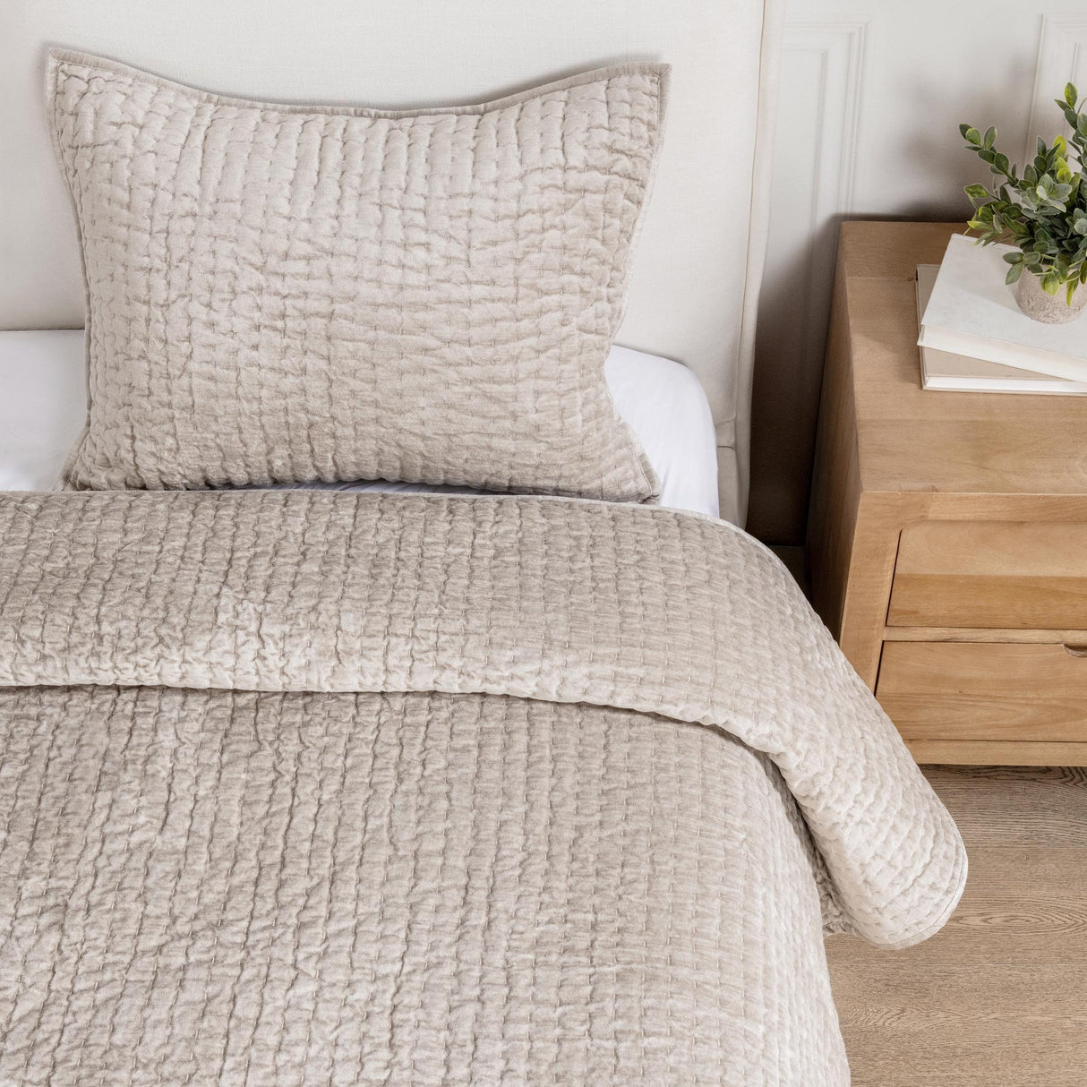 Bari Pebble Velvet Quilt Collection by Classic Home at Eve Furniture