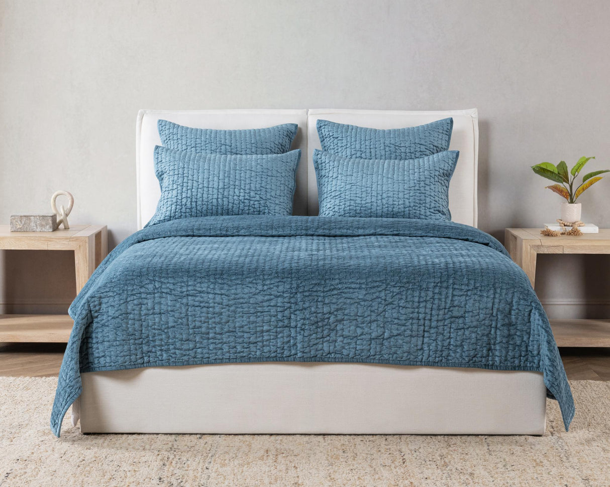 Bari Stone Blue Velvet Quilt Collection by Classic Home at Eve Furniture