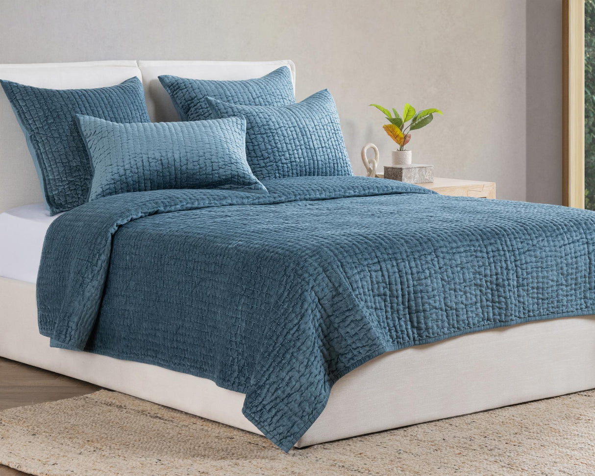 Bari Stone Blue Velvet Quilt Collection by Classic Home at Eve Furniture