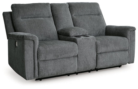 Barnsana Gravel Power Reclining Loveseat with Console by Ashley at Eve Furniture