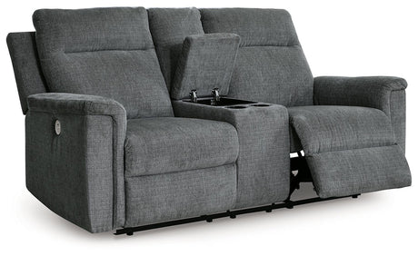 Barnsana Gravel Power Reclining Loveseat with Console by Ashley at Eve Furniture