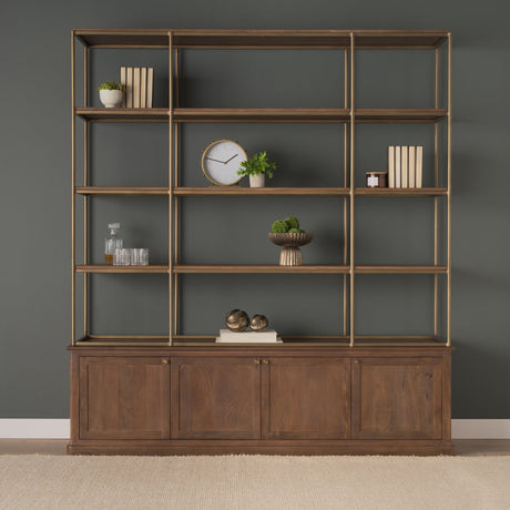 Baron 4-Door Dark Brown Wood w/ Antique Brass Metal Open Shelving Unit by Mercana at Eve Furniture