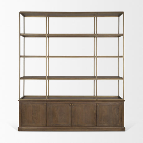 Baron 4-Door Dark Brown Wood w/ Antique Brass Metal Open Shelving Unit by Mercana at Eve Furniture