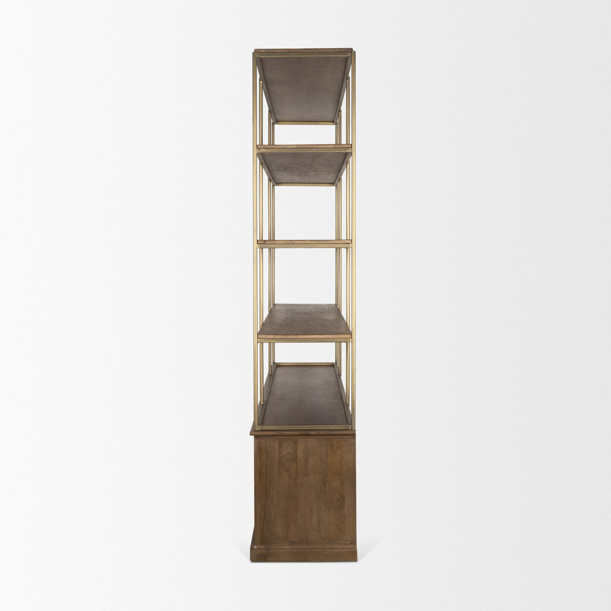Baron 4-Door Dark Brown Wood w/ Antique Brass Metal Open Shelving Unit by Mercana at Eve Furniture