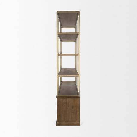 Baron 4-Door Dark Brown Wood w/ Antique Brass Metal Open Shelving Unit by Mercana at Eve Furniture