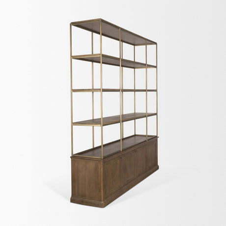 Baron 4-Door Dark Brown Wood w/ Antique Brass Metal Open Shelving Unit by Mercana at Eve Furniture
