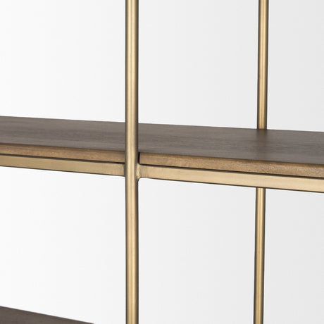 Baron 4-Door Dark Brown Wood w/ Antique Brass Metal Open Shelving Unit by Mercana at Eve Furniture