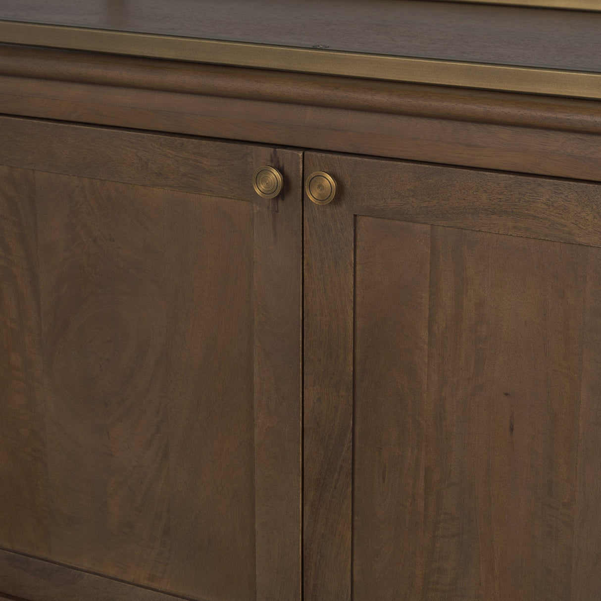 Baron 4-Door Dark Brown Wood w/ Antique Brass Metal Open Shelving Unit by Mercana at Eve Furniture