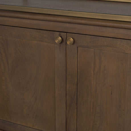 Baron 4-Door Dark Brown Wood w/ Antique Brass Metal Open Shelving Unit by Mercana at Eve Furniture