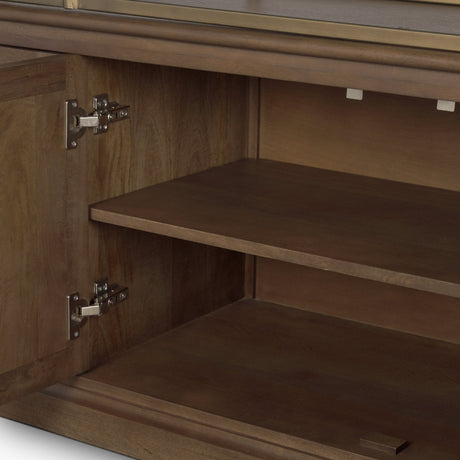 Baron 4-Door Dark Brown Wood w/ Antique Brass Metal Open Shelving Unit by Mercana at Eve Furniture