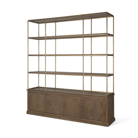 Baron 4-Door Dark Brown Wood w/ Antique Brass Metal Open Shelving Unit by Mercana at Eve Furniture