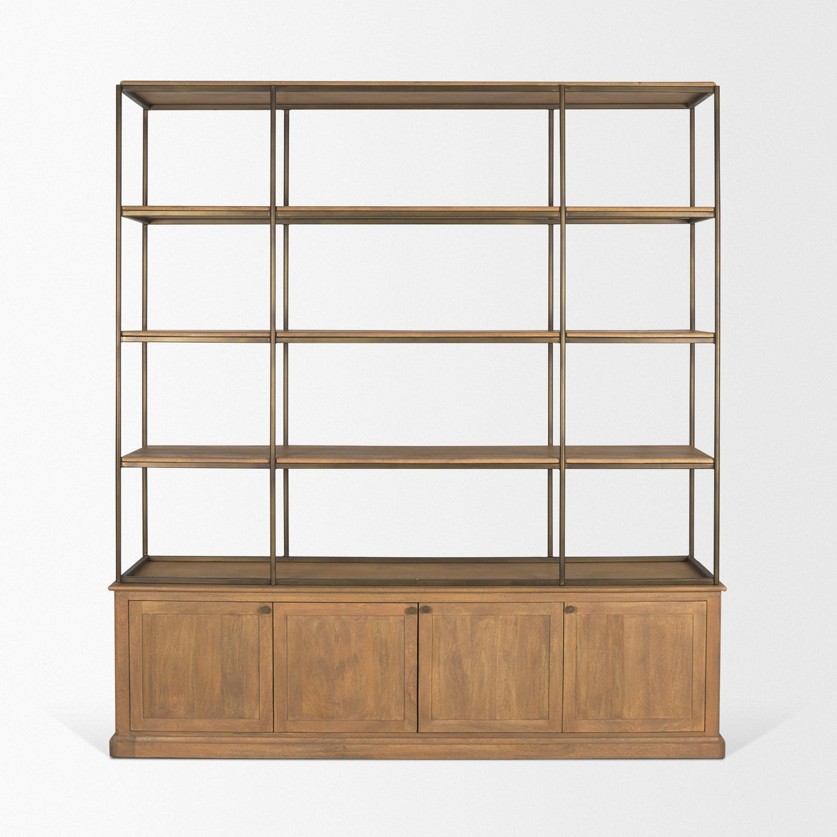Baron 4-Door Light Brown Wood w/ Gunmetal Open Shelving Unit by Mercana at Eve Furniture
