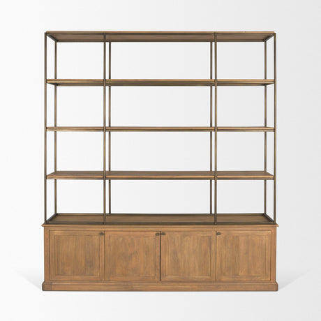 Baron 4-Door Light Brown Wood w/ Gunmetal Open Shelving Unit by Mercana at Eve Furniture