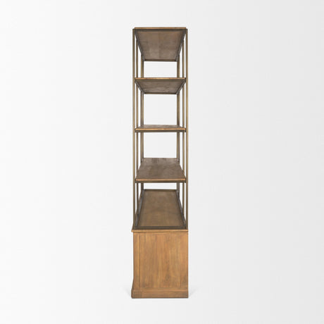Baron 4-Door Light Brown Wood w/ Gunmetal Open Shelving Unit by Mercana at Eve Furniture