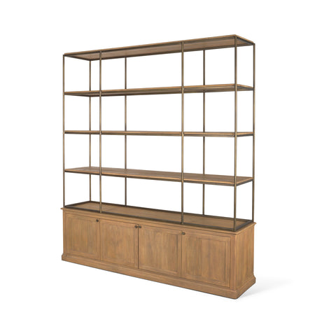 Baron 4-Door Light Brown Wood w/ Gunmetal Open Shelving Unit by Mercana at Eve Furniture