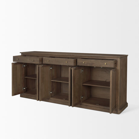 Baron Dark Brown Solid Wood w/ Antiqued Aged Brass Knobs 3-Drawer 6-Door Sideboard by Mercana at Eve Furniture
