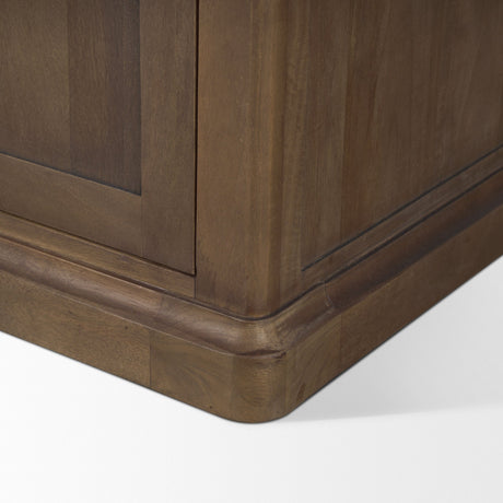 Baron Dark Brown Wood w/ Antiqued Aged Brass Metal 2-Door Open Shelving Unit by Mercana at Eve Furniture