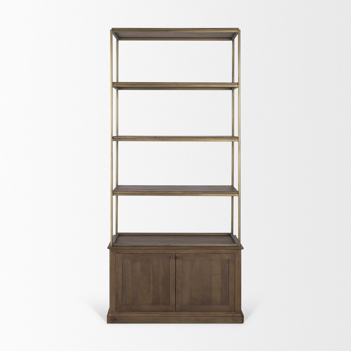Baron Dark Brown Wood w/ Antiqued Aged Brass Metal 2-Door Open Shelving Unit by Mercana at Eve Furniture