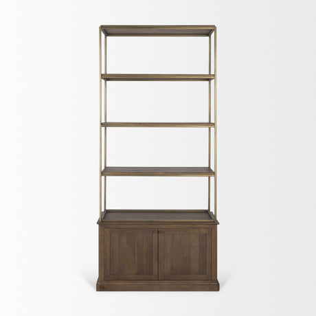 Baron Dark Brown Wood w/ Antiqued Aged Brass Metal 2-Door Open Shelving Unit by Mercana at Eve Furniture