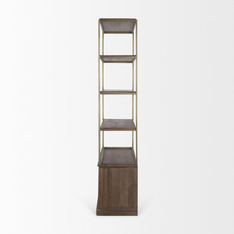 Baron Dark Brown Wood w/ Antiqued Aged Brass Metal 2-Door Open Shelving Unit by Mercana at Eve Furniture