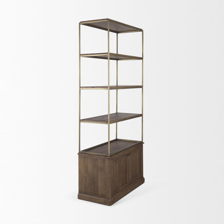 Baron Dark Brown Wood w/ Antiqued Aged Brass Metal 2-Door Open Shelving Unit by Mercana at Eve Furniture