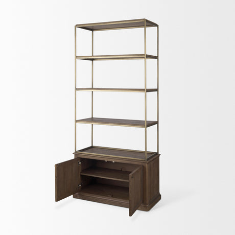 Baron Dark Brown Wood w/ Antiqued Aged Brass Metal 2-Door Open Shelving Unit by Mercana at Eve Furniture