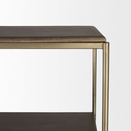 Baron Dark Brown Wood w/ Antiqued Aged Brass Metal 2-Door Open Shelving Unit by Mercana at Eve Furniture