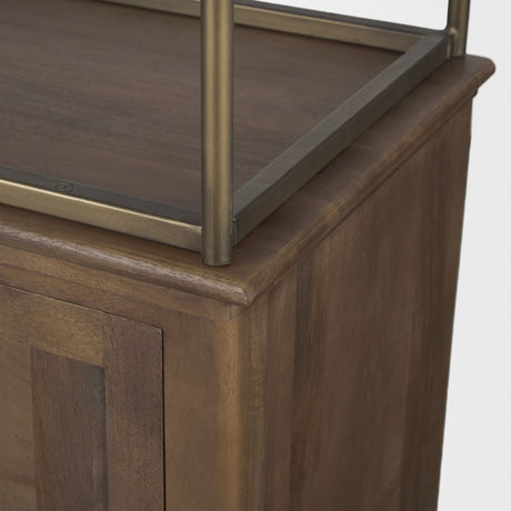 Baron Dark Brown Wood w/ Antiqued Aged Brass Metal 2-Door Open Shelving Unit by Mercana at Eve Furniture