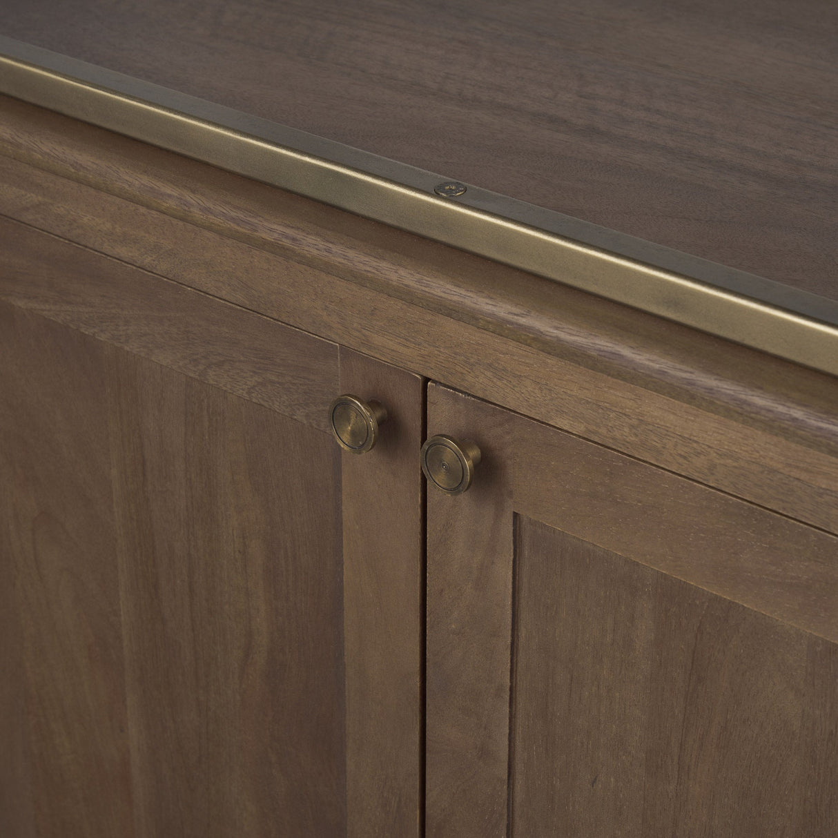 Baron Dark Brown Wood w/ Antiqued Aged Brass Metal 2-Door Open Shelving Unit by Mercana at Eve Furniture