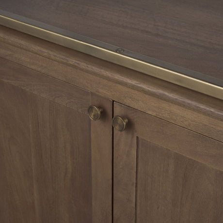 Baron Dark Brown Wood w/ Antiqued Aged Brass Metal 2-Door Open Shelving Unit by Mercana at Eve Furniture