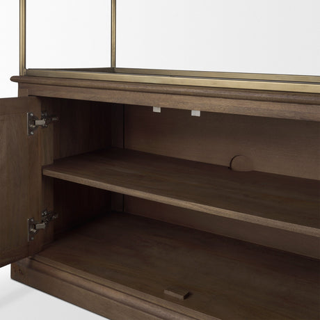 Baron Dark Brown Wood w/ Antiqued Aged Brass Metal 2-Door Open Shelving Unit by Mercana at Eve Furniture