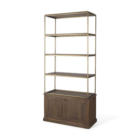 Baron Dark Brown Wood w/ Antiqued Aged Brass Metal 2-Door Open Shelving Unit by Mercana at Eve Furniture
